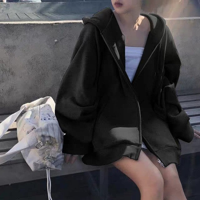VOGUABLE  Women Hoodies Harajuku Korean Version Zip Up Loose Oversized Sweatshirts Casual Solid Color Long Sleeve Hooded Sweatshirt Coats voguable