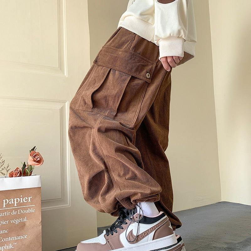 Autumn Winter Corduroy Pants Men Fashion Oversize Pocket Cargo Pants Men Streetwear Hip Hop Loose Straight Pants Mens Trousers voguable