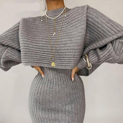 Women Elegant Slim Two Piece Sets Female Sweater Dress Autumn Winter High Waist Knitted Ensemble Femme Medium Long Party Dresses voguable