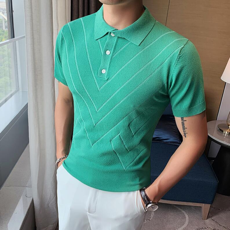 Voguable 2022 New Man Solid Color Stripped Ice silk knitting Polo Shirt Casual  British style Slim Men Short Sleeve High Quantity polo voguable