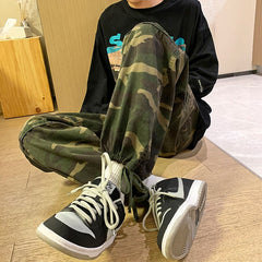 Cargo Pants Men American Retro Camouflage Loose Spring High Street Trendy Oversize Drawstring Pockets Handsome Combat Bottoms voguable