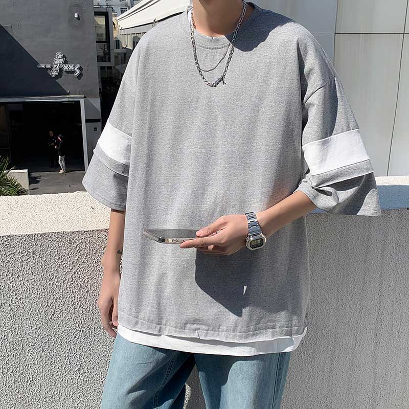 T-shirts Men Clothing Summer Harajuku O-neck Baggy Preppy Vintage Korean Style Trendy Camisetas Handsome Teens Fake Two Piece voguable