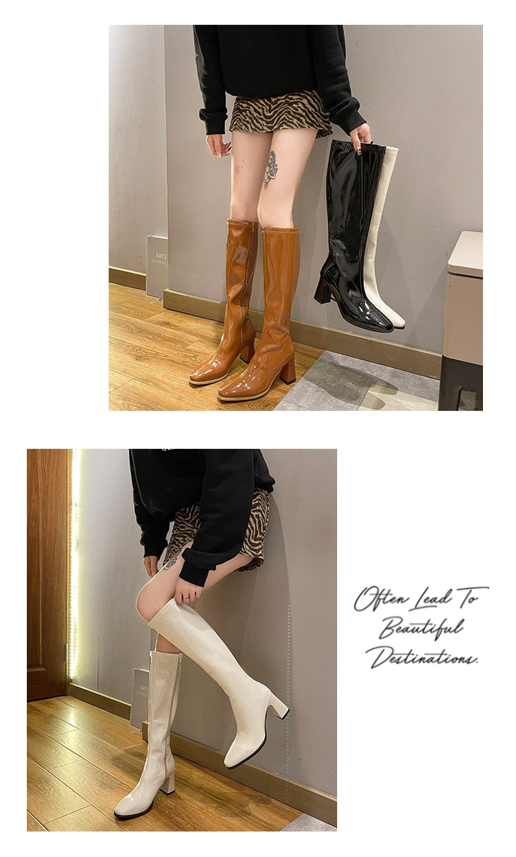 Women Boots Over Knee Female Shoes Zipper Boots-Women Over-the-Knee Ladies High Heel Autumn Leather Rubber White Rome Micro voguable