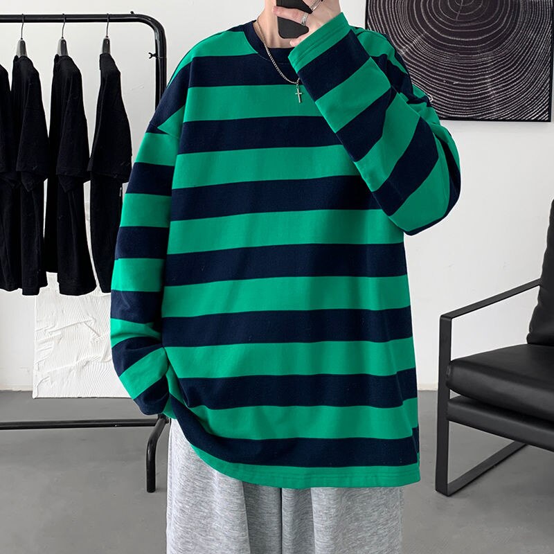Spring Men Stripe Tops Tees Harajuku Long Sleece Crew Collar Male T Shirts Casual Clothes High Quality Unisex Tshirt voguable