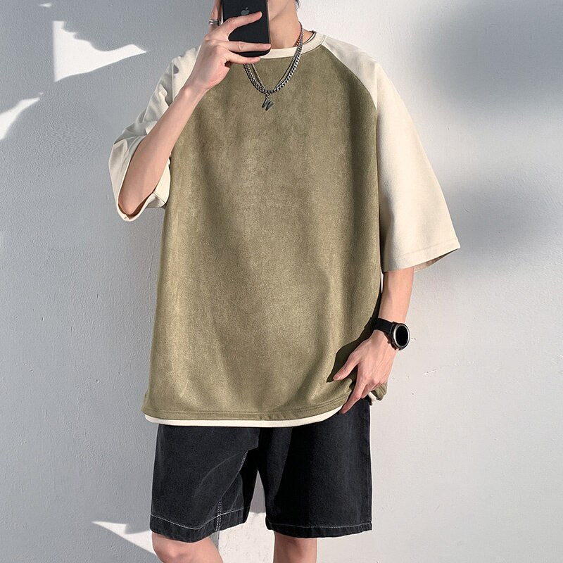 Summer New Baggy Short Sleeved Suede Men's T-shirt  Versatile Color Matching Casual Tshirt Tops Male Trend Y2k Tees voguable