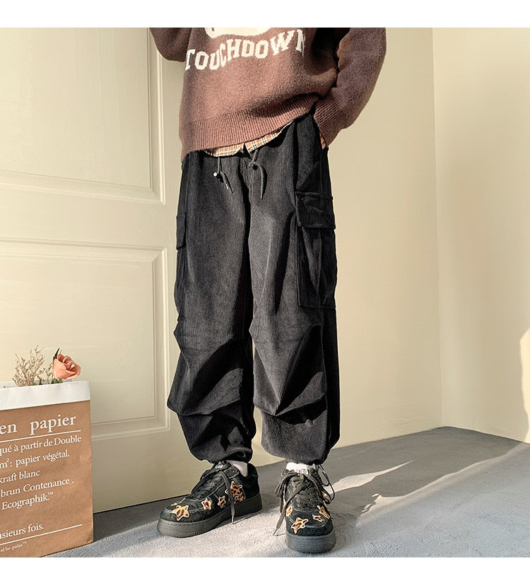 Autumn Winter Corduroy Pants Men Fashion Oversize Pocket Cargo Pants Men Streetwear Hip Hop Loose Straight Pants Mens Trousers voguable