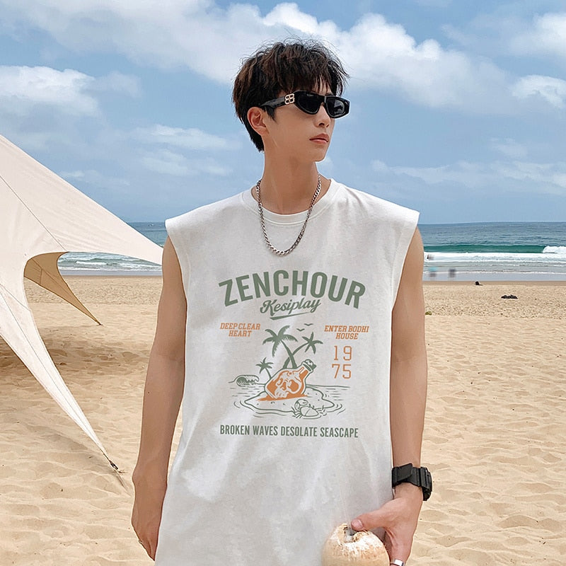 Sleeveless Tank Top Ins American Printed Men Loose T-shirt Beach Sports Casual Tops Male Summer New Cotton Round Neck Tees voguable