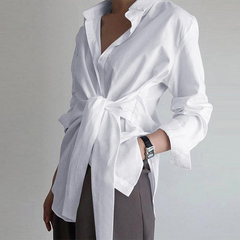 Elegant Lace-Up Women's Ctton Shirt Loose Long Sleeve White Blouse For Women Fashion Casual Button Up Office Shirt Blusas voguable