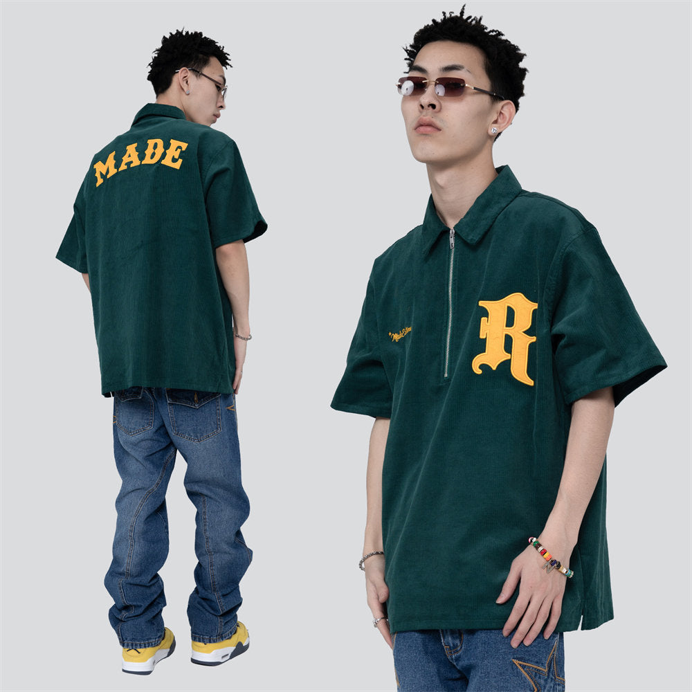 Voguable Men T-shirt Corduroy Turn-down Collar Cotton Polo Tops Harajuku Streetwear Casual 2022 Summer Short Sleeve Oversized Men's Shirt voguable
