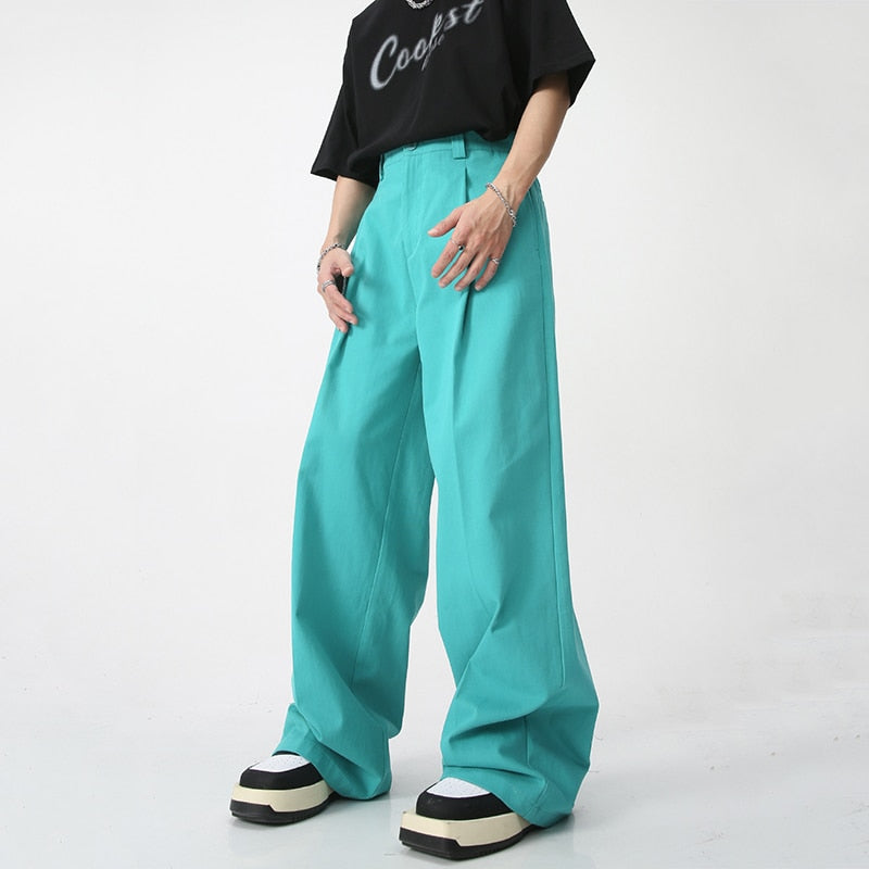 Spring Summer New Korean Men's Casual Pants Trendy Solid Color Loose Straight Wide Leg Trousers Pocket Tide 9A7922 voguable
