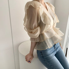 Spring Vintage Chiffon Blouse Women Ruffled V-neck Solid Woman's Shirt Tops Solid Sweet Long Sleeve Female Blouses voguable