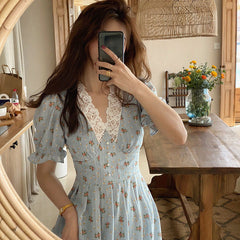 Vintage Floral Dress Women Elegant Lace Chiffon Korean Party Dress Puff Sleeve V Neck Midi Dress Fall Dresses for Women New voguable