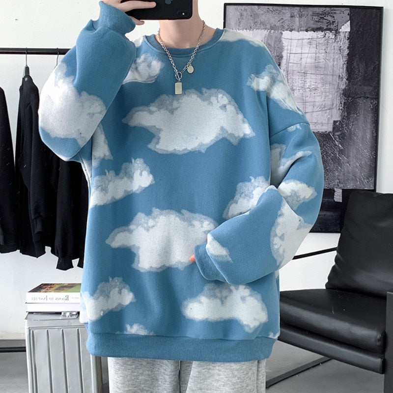 Harajuku Cloud Graphic Men Oversized Sweatshirts Autumn Korean Round Neck Pullovers Streetwear Casual Unisex Tops voguable