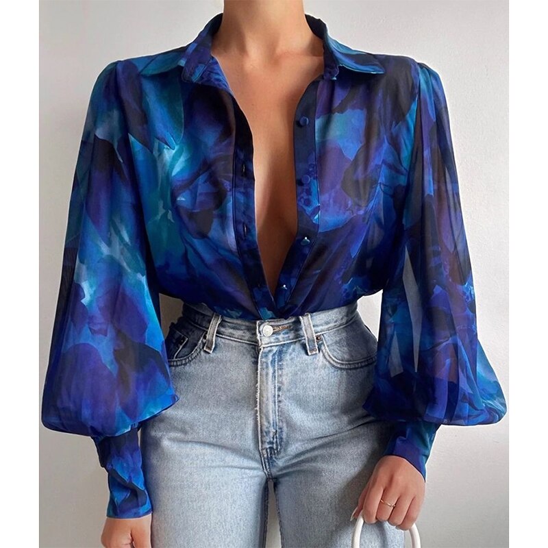 Print Ladies Lantern Sleeve Blouses Fashion Spring Office Lady Vintage Floral Shirt Tops Button Up Long Sleeve Shirts voguable