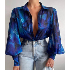 Print Ladies Lantern Sleeve Blouses Fashion Spring Office Lady Vintage Floral Shirt Tops Button Up Long Sleeve Shirts voguable