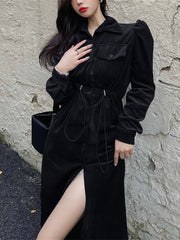Spring Women Elegant Corduroy Long Sleeve Shirt Dress Female Buttons Turn-down Collar Draw String Vintage Vestdios Harajuku voguable