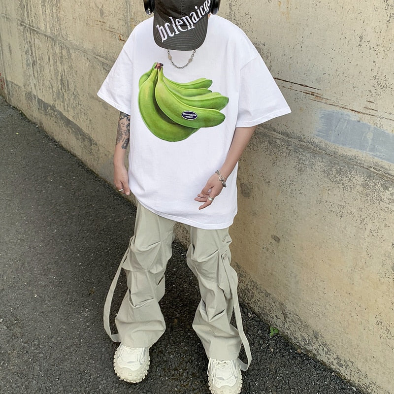 Banana Print Korean Chic Y2k Short Sleeve T-shirt Men Women Couples Large Loose Casual Tops All-match Slim Fit Summer New Tees voguable