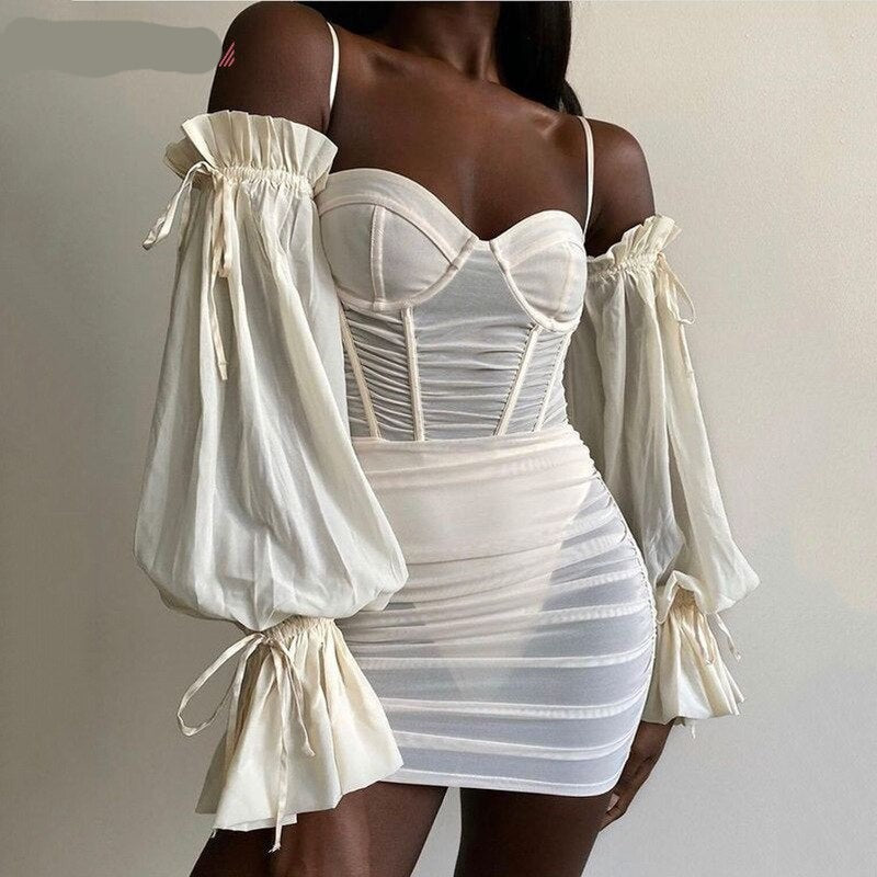 Voguable  Women Spaghetti Strap Long Lantern Sleeves Ruched Sexy Mini Dresses Woman Y2k Mesh Summer Vintage Dress Club Party Vestidos 2022 voguable