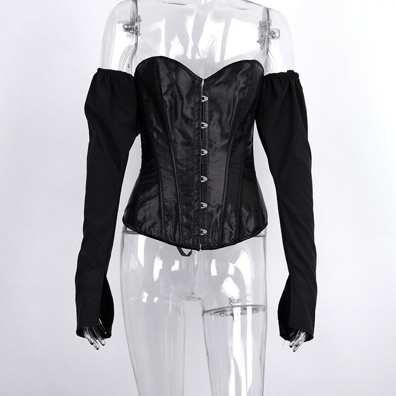 Voguable  Y2k Corset and Bustier Steel Bone Underbust Shaper T Shirts Spring Women Off Shoulder Corset T-Shirt Body Shaping Waist Outfits voguable