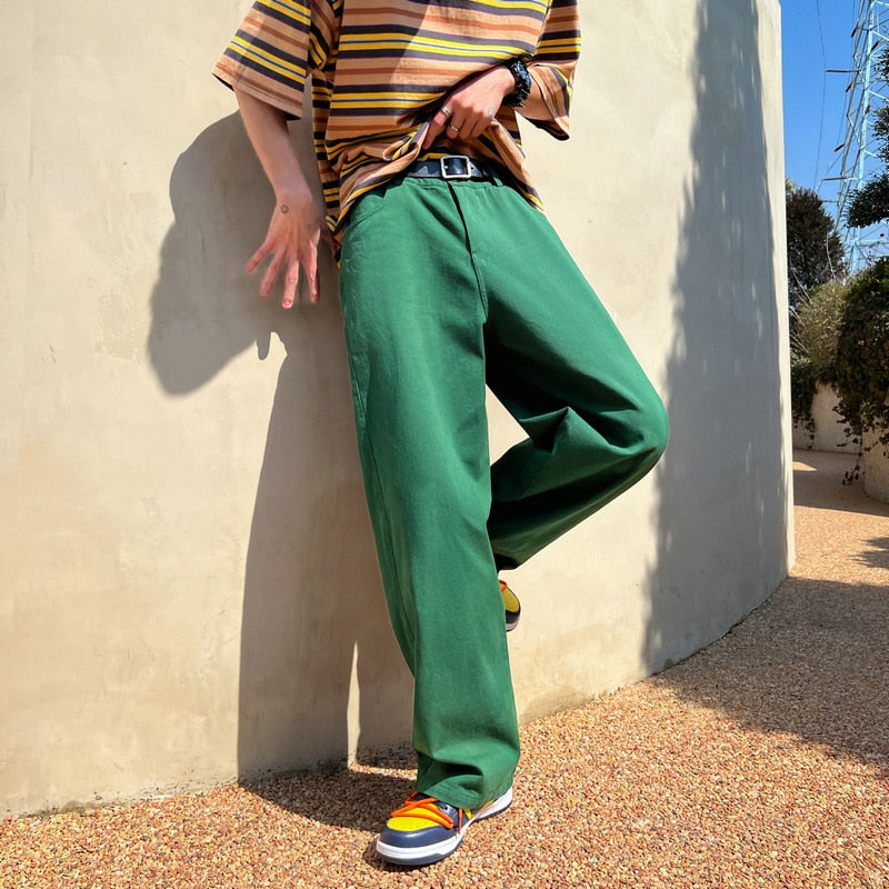 Voguable  Fashion Long Oversized Pants Men Streetwear Clothing Solid Cotton Straight Trousers Khaki White Green White Casual Pants Man voguable