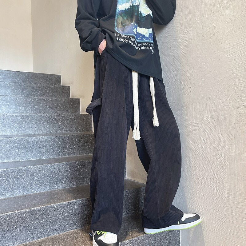 Corduroy Pants Men Fashion Oversized Cargo Pants Men Japanese Streetwear Hip-hop Loose Straight Wide Leg Pants Mens Trousers voguable