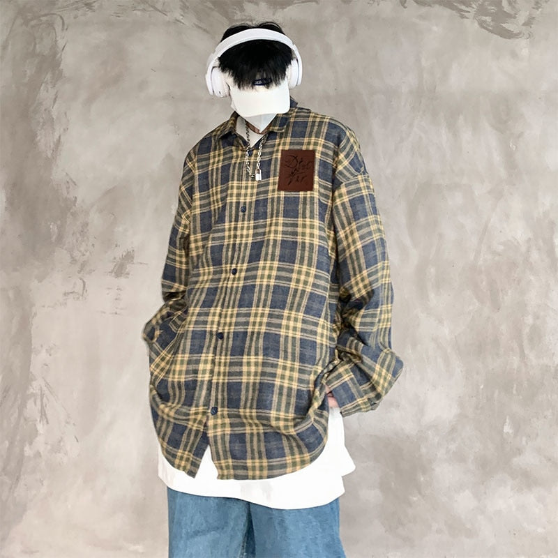 Men's Vintage Plaid Blouses Turn-down Collar Dark Streetwear Spring New Male Shirts Long Sleeve Casual Unisex Tops voguable