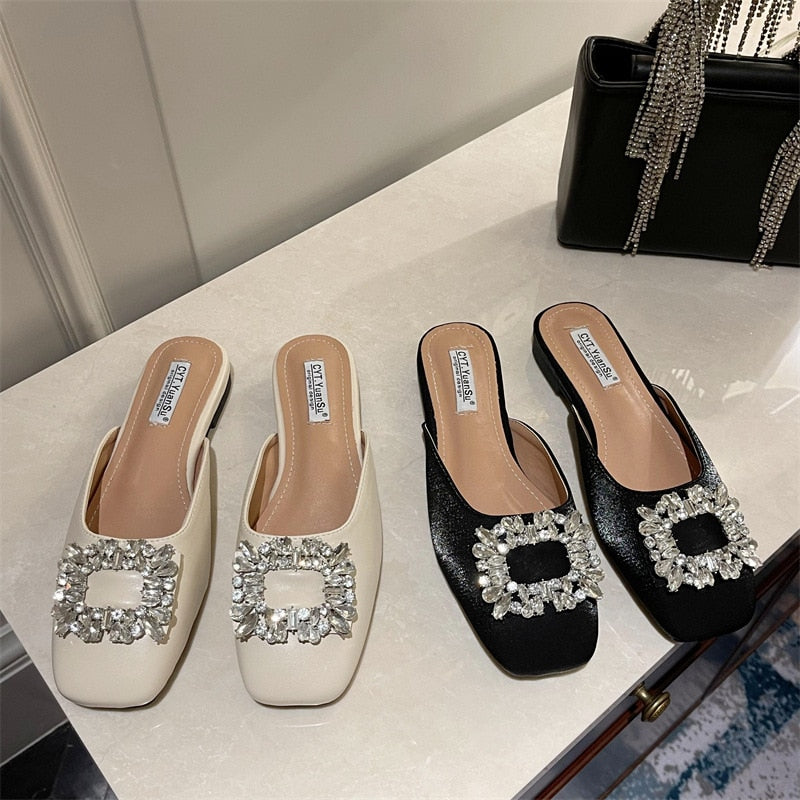 Shoes Slippers Flat Mules For Women Slides Jelly Flip Flops Lady Loafers Fashion Low Cover Toe Glitter Girl Soft Luxury Fab voguable