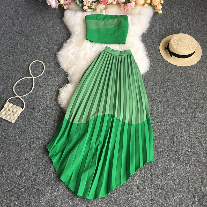 Summer Women Skirt Sets Patchwork Green One Pices Midriff Strapless + High Waist Pleated Asymmetric Skirt Sexy Beach Holiday New voguable