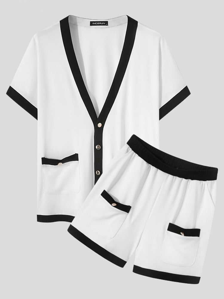 INCERUN Fashion Men Sets Patchwork 2022 V Neck Short Sleeve Shirt & Shorts Two Pieces Streetwear Summer Men Casual Suits S-5XL 7 voguable