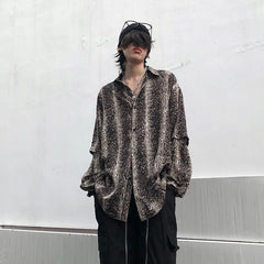Harajuku vintage leopard shirt men women's design drape loose detachable fake two long-sleeved shirts punk goth hip hop blouse voguable