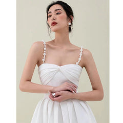 Summer Ladies Korean Black and White Elegant Loose Dresses Pearl Sling Fashion Wedding Party Sexy Ladies Vestidos voguable