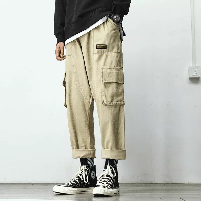 Voguable Autumn Overalls Pants for Men Military Straight Loose Multi-pocket Japanese Sweatpants 2022 Nine-point Casual Fashion Streetwear voguable