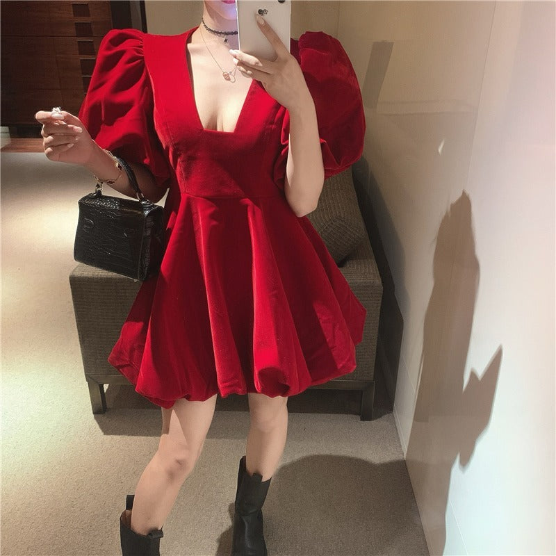 Voguable  Vintage French Crop Dress Women 50s 60s Audrey Hepburn Flannel V Neck Dresses Puff Short Sleeve Sexy Party Elegant Fluffy Frocks voguable