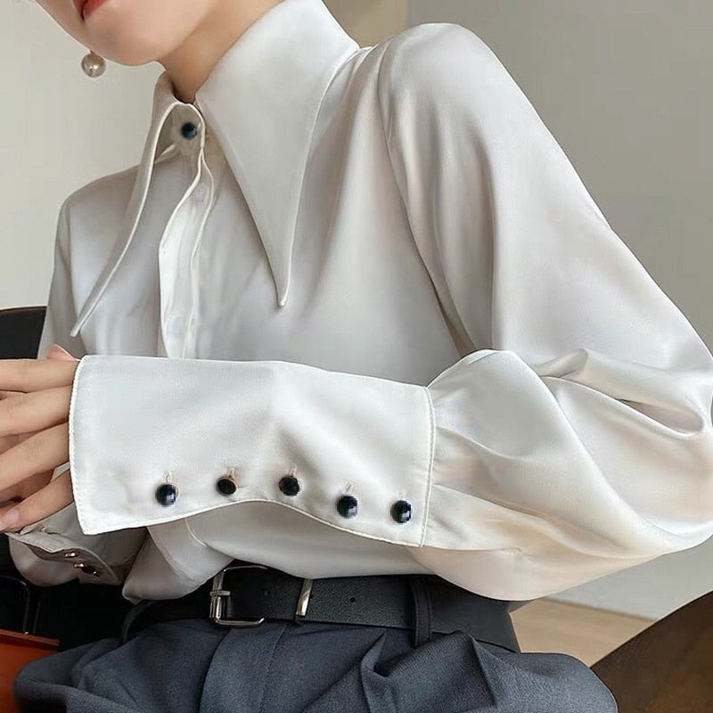 Autumn Vintage Satin Silk Women Shirt Elegant Turn Down Collar Woman Blouse White Long Sleeve Ladies Shirts Tops Blusas voguable