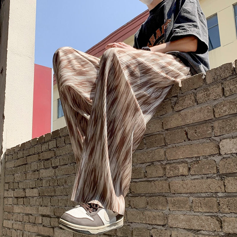 Summer Pleated Pants Men Fashion Oversized Wide Leg Pants Men Japanese Streetwear Hip-hop Loose Ice Silk Pants Mens Trousers voguable