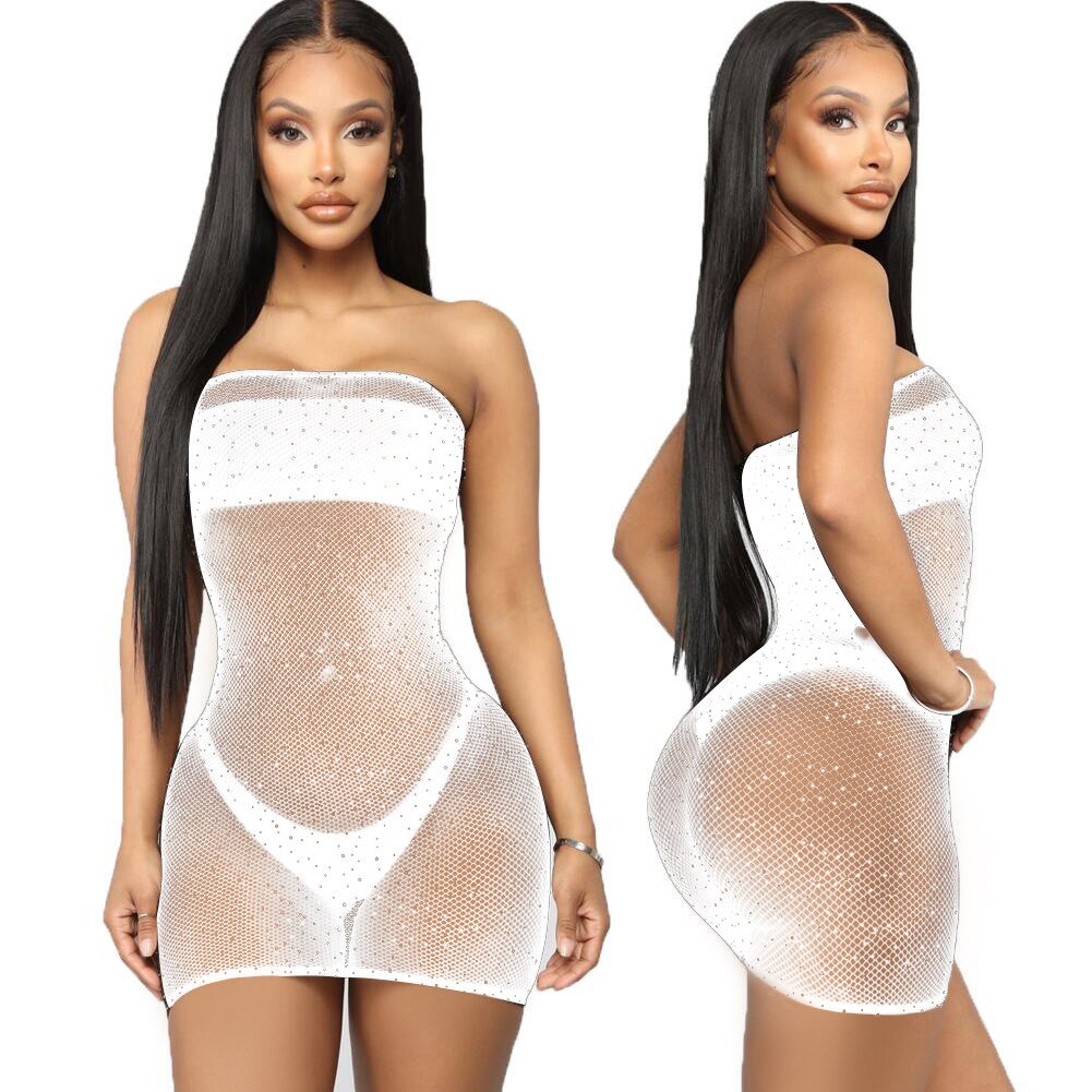 Voguable  Crystal Rhinestone Diamond Mesh Bikini Cover Up Women Sequin Fishnet Bling Strapless Dresses Female Swimsuit Ladies Bathing Suit voguable