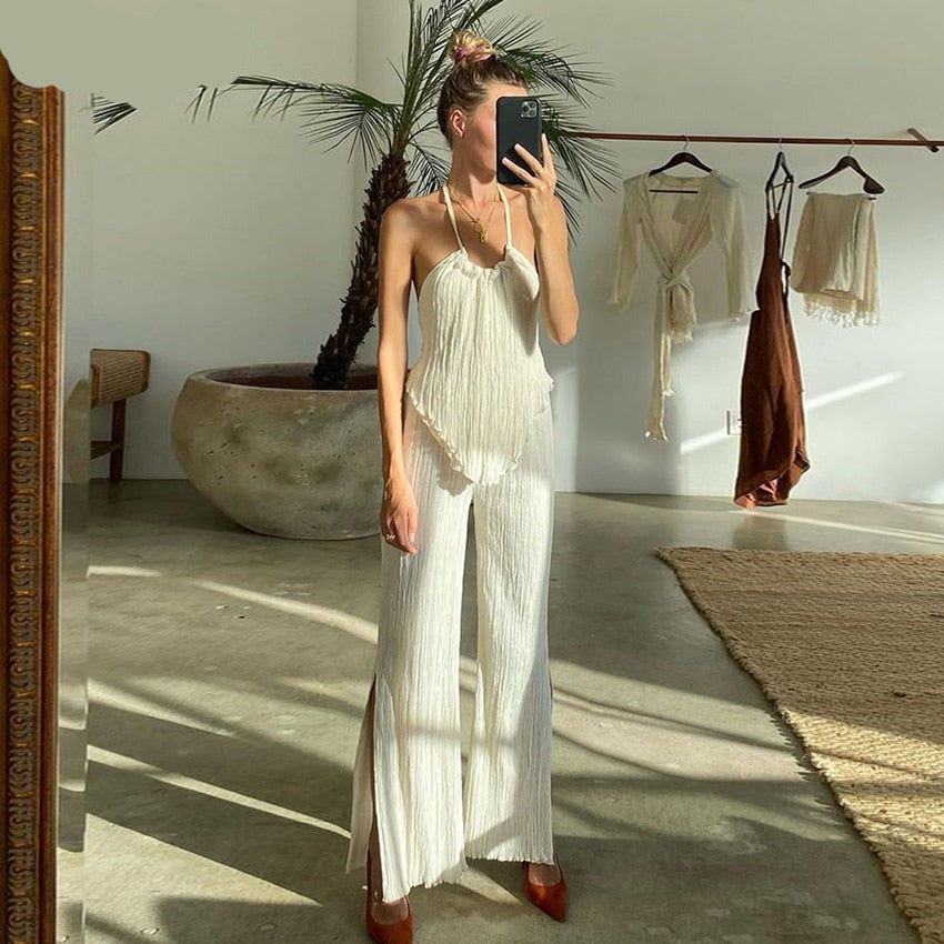 Voguable  Sexy Halter Backless Tank Top Set Woman 2 Piece Bodycon Beige Pleated Pants Set Female Elegant Skinny Slit Trouser Suits voguable