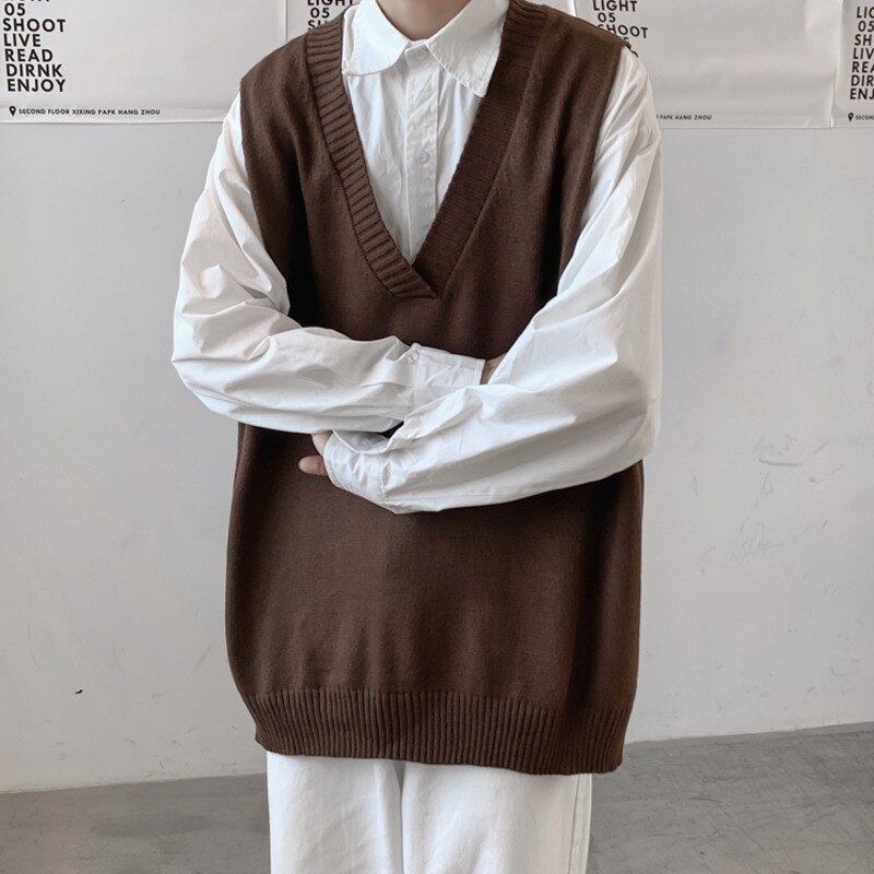 Oversized V-neck Sweater Vest Men Warm Fashion Casual Knitted Pullover Men Korean Loose Sleeveless Sweater Mens Jumper Clothes voguable