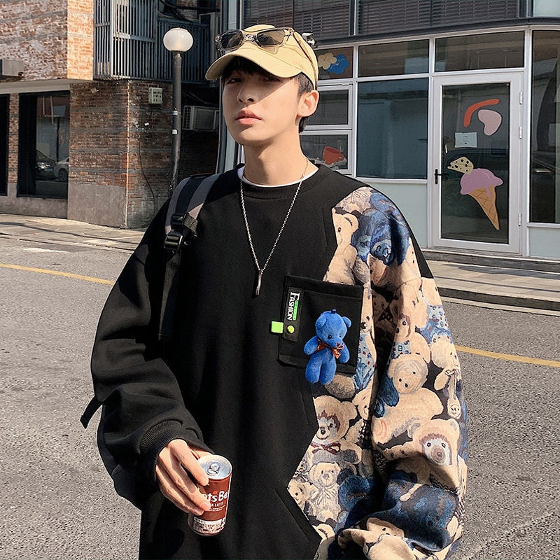 Streetwear Contrast Color Bear Printed Men Sweatshirts Harajuku Oversized Autumn Male Pullovers Patchwork O Neck Hoodies voguable