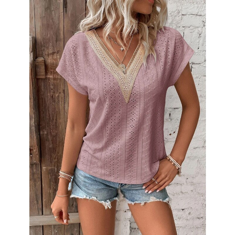 Summer Short Sleeve Fashion Women's Shirt V Neck Lace Hollow Out Stylish Tops Loose Casual Elegant and Youth Blouse Blusas voguable