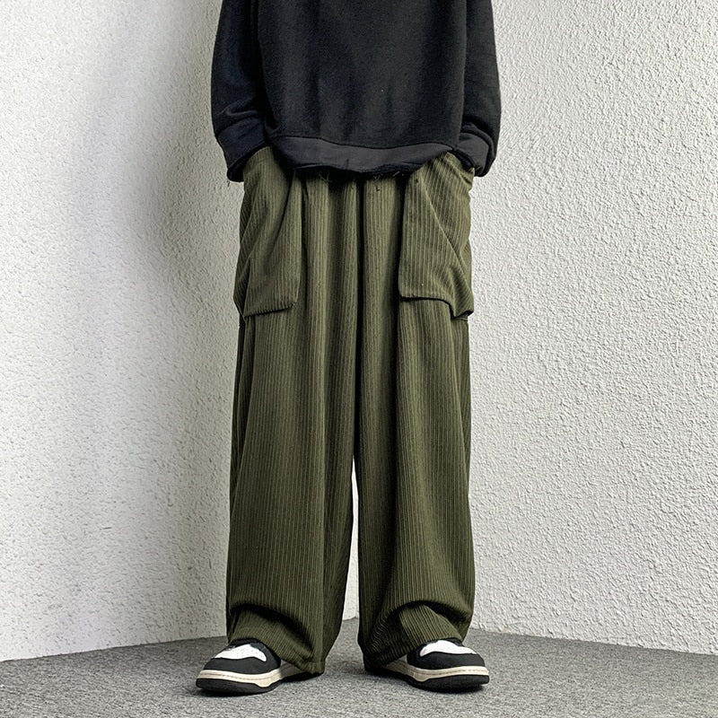 High Street Corduroy Oversized Men's Harem Pants Fashion Design Loose Straight Casual Trousers Drawstring Hip Hop Pants voguable
