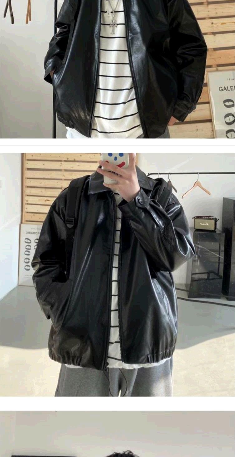 Voguable Pu Leather Jacket Men Brown Retro Motorcycle Jacket Autumn Korean Fashion Fried Street Loose Zipper Bomber Jacket Learher Coats voguable