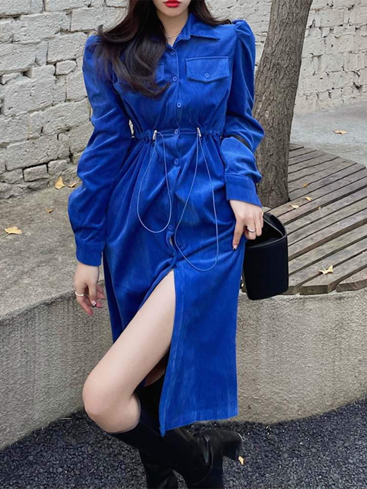 Spring Women Elegant Corduroy Long Sleeve Shirt Dress Female Buttons Turn-down Collar Draw String Vintage Vestdios Harajuku voguable
