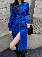 Spring Women Elegant Corduroy Long Sleeve Shirt Dress Female Buttons Turn-down Collar Draw String Vintage Vestdios Harajuku voguable