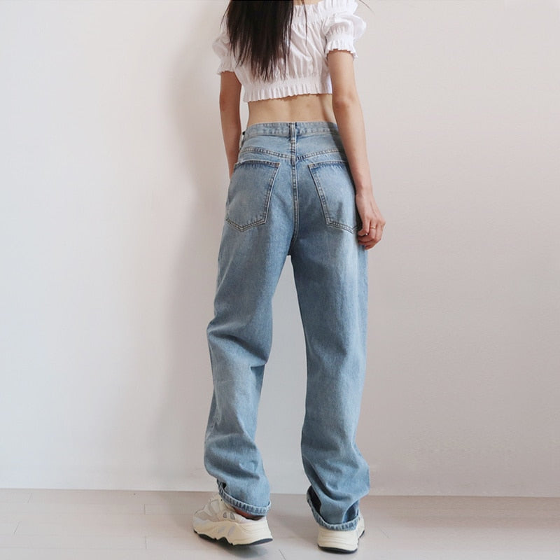 2022 Summer New Fashion Light Blue Women Asymmetric Fly Jeans With Button Closure Split Waist Straight Leg Jeans big size 2S4F voguable