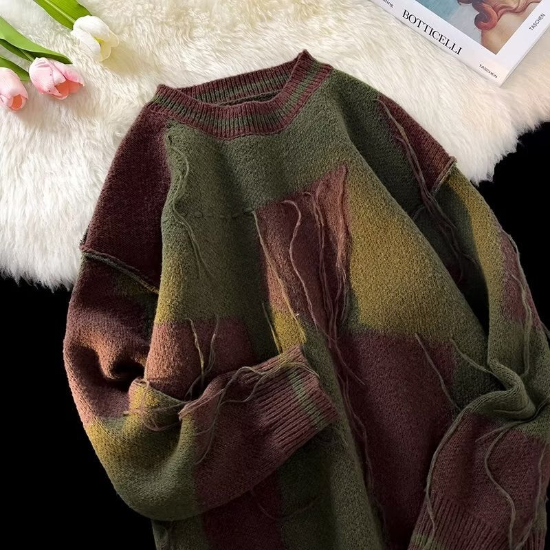 Sweater Men Tassel Irregular Patchwork Pullovers New Loose American Retro Knitting Basic Streetwear All-match Harajuku Stylish voguable