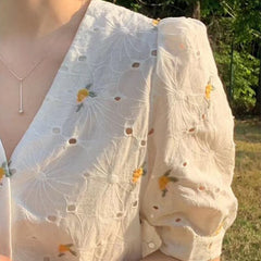 Summer New V-neck Embroidery Floral Shirt Women Korean Puff Short Sleeve Loose Ladies Blouse Sweet Hollow Out Women Tops voguable