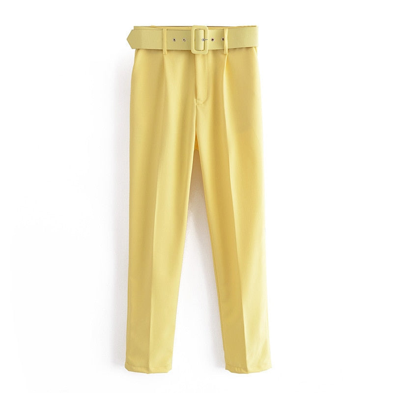Voguable  Women's Pants High Waist With Belt Classic Pockets Office Lady Ankle Length Trousers Female 2022 Spring Fashion Pink Harem Pants voguable