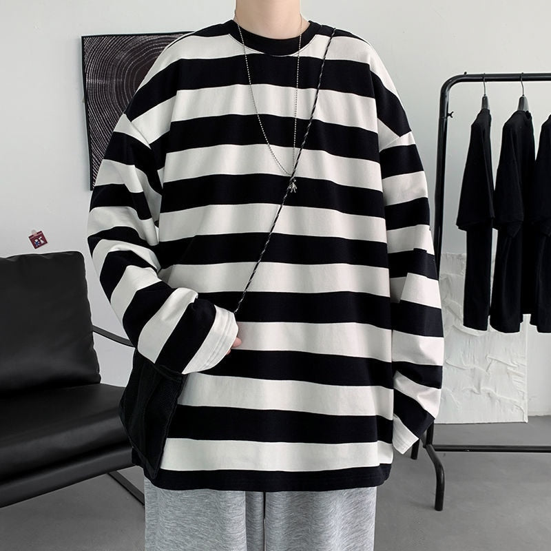Spring Men Stripe Tops Tees Harajuku Long Sleece Crew Collar Male T Shirts Casual Clothes High Quality Unisex Tshirt voguable