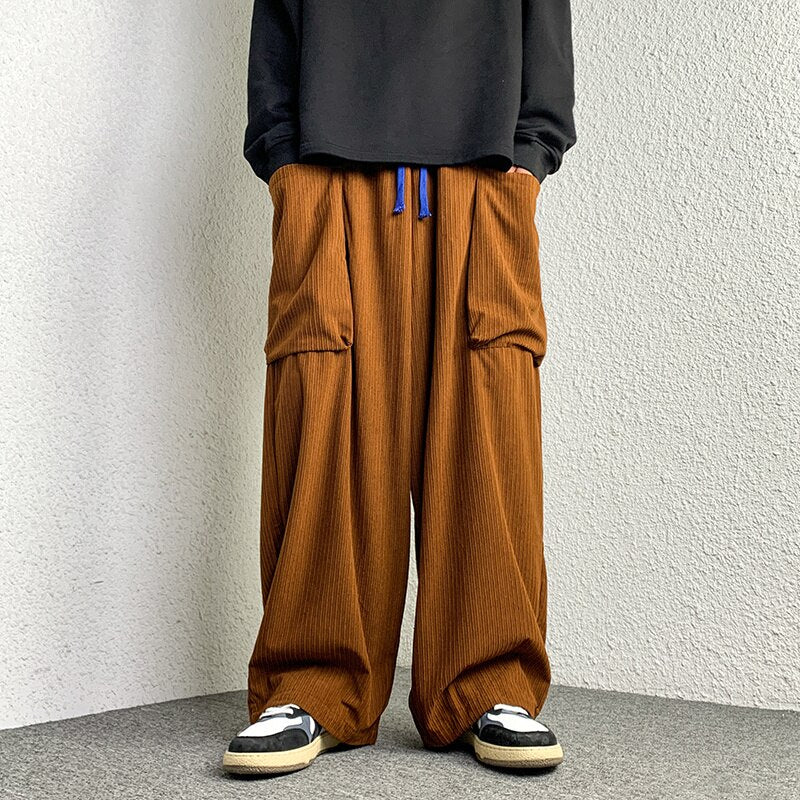 High Street Corduroy Oversized Men's Harem Pants Fashion Design Loose Straight Casual Trousers Drawstring Hip Hop Pants voguable